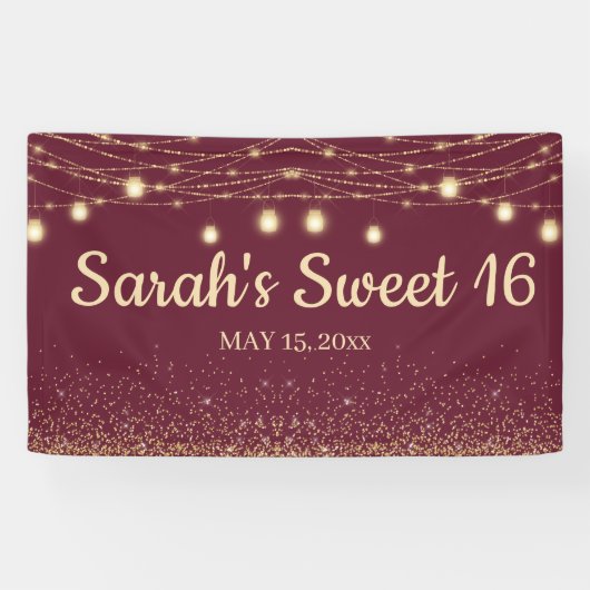 Burgundy Gold String Lights Glitzer Sweet 16 Banner (Horizontal)