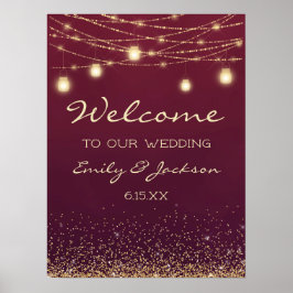 Burgundy Gold String Lights Hochzeit Begrüßung Poster