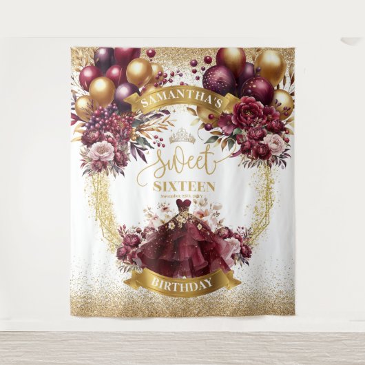 Burgundy Gold Sweet 16 Backdrop Wasserfarbe Blume Wandteppich (Vorderseite)