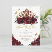 Burgundy & Gold Tiara Save the Date Quinceañera Einladung (Stehend Vorderseite)