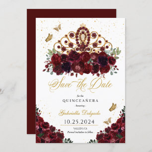 Burgundy & Gold Tiara Save the Date Quinceañera Einladung