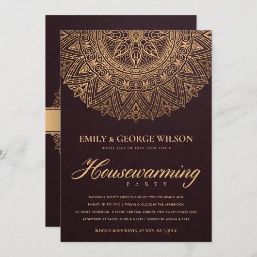 BURGUNDY GOLD VERZIERT MANDALA HOUSEWARMING PARTY EINLADUNG (Vorne/Hinten)