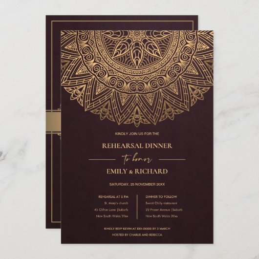 BURGUNDY GOLD VERZIERT MANDALA PROBE DINNER EINLADUNG (Vorne/Hinten)
