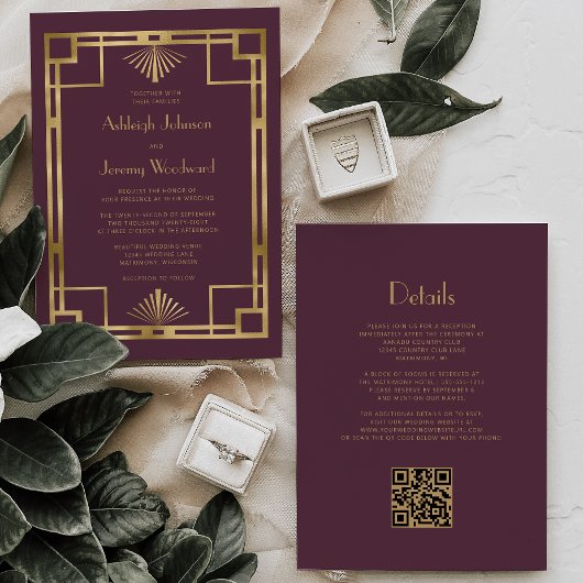 Burgundy Gold Vintage Deko QR Code Wedding Einladung
