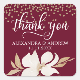Burgundy Gold Watercolor Floral Wedding Vielen Dan Quadratischer Aufkleber