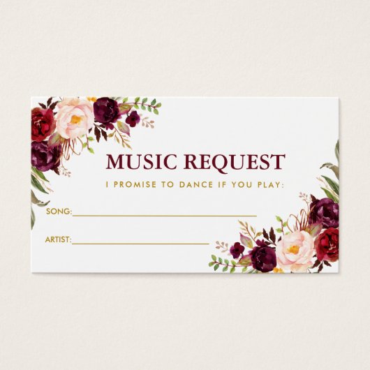 Burgundy Gold Wedding Music Song Request Card B (Vorderseite)