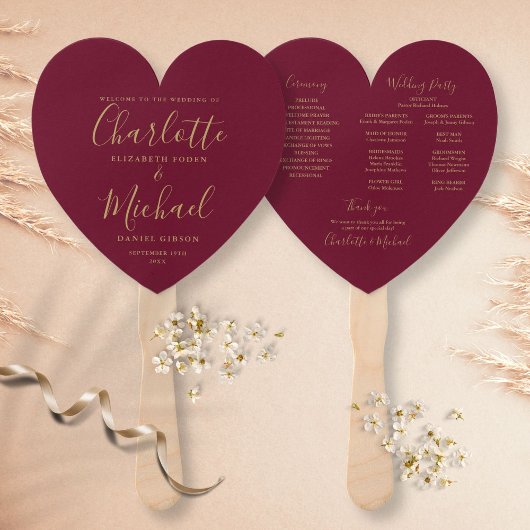 Burgundy Gold Wedding Program Heart Fächer
