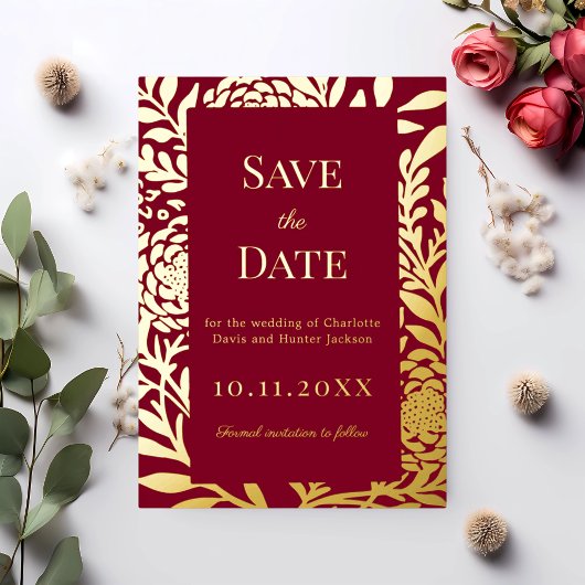 Burgundy gold wedding Save the Date foil card Folieneinladung