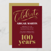 Burgundy Gold White 100. Geburtstagsparty Einladung (Vorne/Hinten)