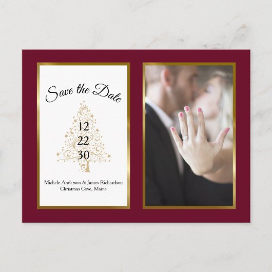 Burgundy Gold Winter Wedding Save the Date Foto Ankündigungspostkarte (Vorderseite)