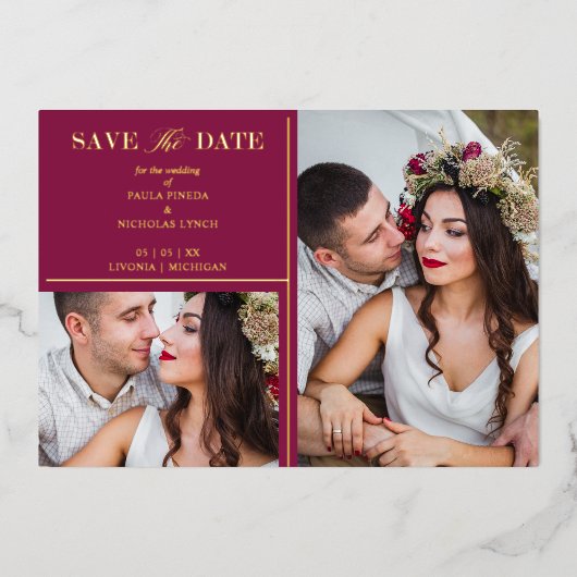 Burgundy Golden 2 Photos Fancy Wedding Date Folieneinladung (Vorderseite)