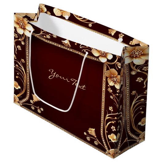 Burgundy Golden Blume Geschenktasche Große Geschenktüte (Vorderseite Schrägansicht)