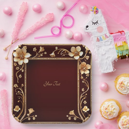 Burgundy Golden Blume Papierplatte Pappteller (Party)