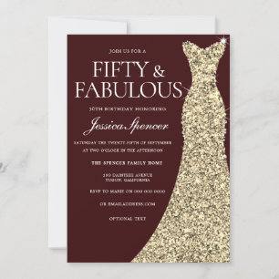 Burgundy Golden Dress 50 & Fabulous 50. Geburtstag Einladung