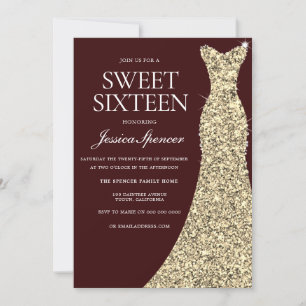 Burgundy Golden Dress Sweet 16 Einladung