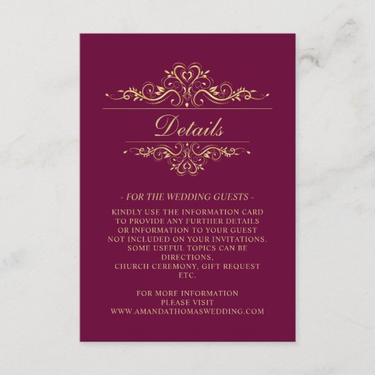 Burgundy Golden Frame Wedding Card Begleitkarte (Vorderseite)