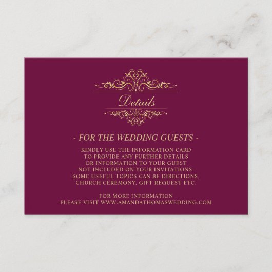 Burgundy Golden Luxe Hochzeitskarte Begleitkarte (Vorderseite)