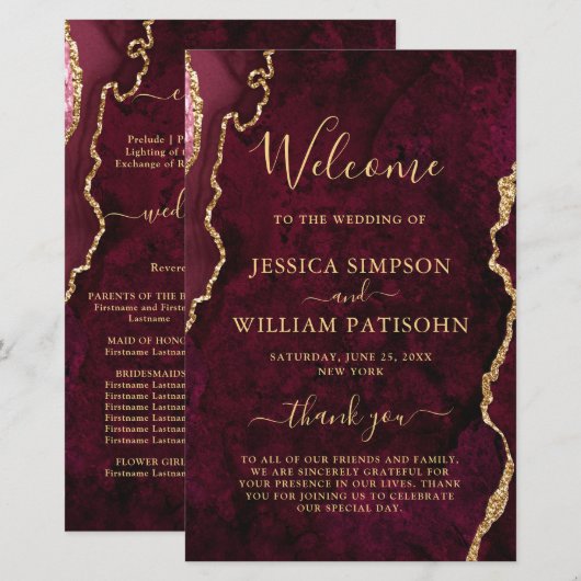 Burgundy Golden Marble Hochzeitsprogramm (Vorne/Hinten)