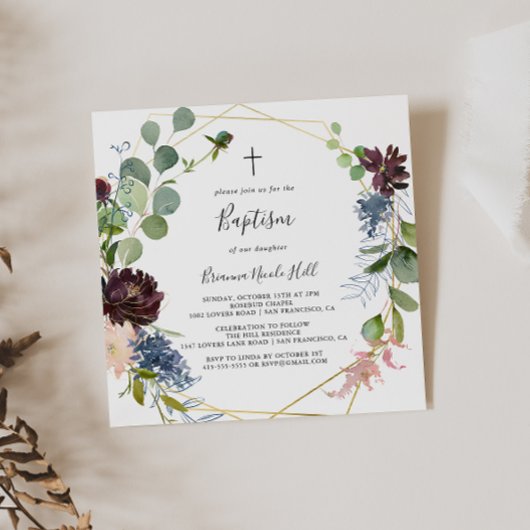 Burgundy Goldene geometrische Taufe Einladung