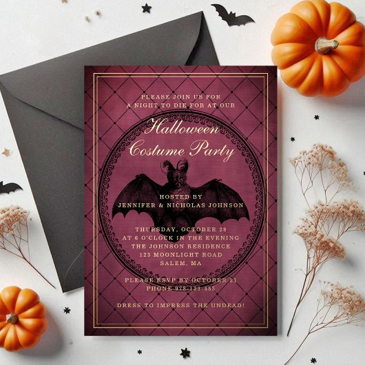 Burgundy Gothic Bat Halloween Party Folieneinladung