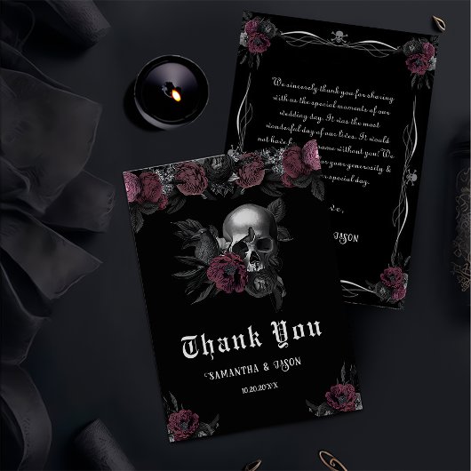 Burgundy Gothic Floral Skull Halloween Hochzeit Dankeskarte