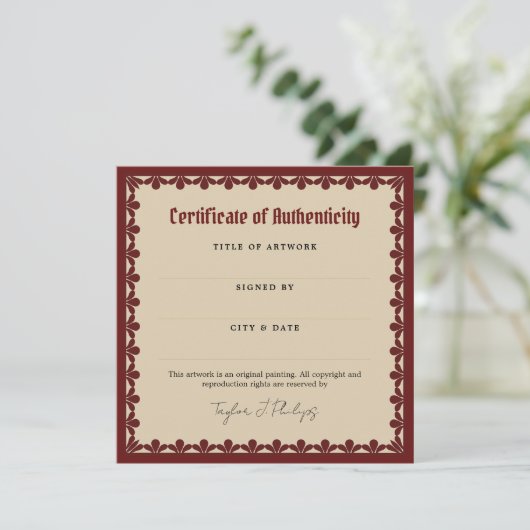 Burgundy Gothic Font Certificate of Authenticity (Stehend Vorderseite)