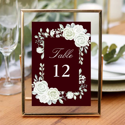 Burgundy Gothic White Roses Wedding Table Numbers Tischnummer