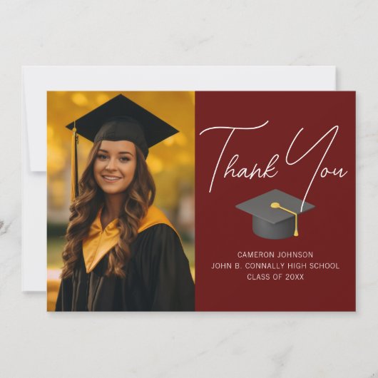 Burgundy Graduate Foto Personalisierter Abschluss Dankeskarte (Vorderseite)