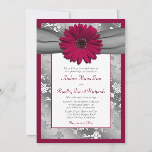Burgundy Gray Daisy Floral Damask Wedding Einladung (Vorderseite)
