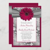 Burgundy Gray Daisy Floral Damask Wedding Einladung (Vorne/Hinten)