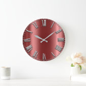 Burgundy Gray Metallic Red Silver Roman Numbers Große Wanduhr (Zuhause)