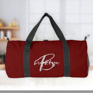 Burgundy Gray White Script Monogram Duffle Bag