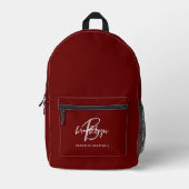 Burgundy Gray White Script Monogram Name Bedruckter Rucksack (Vorderseite)