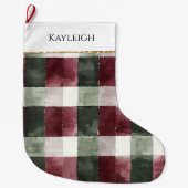 Burgundy Green Kariert Strip Weihnachts Gold Glitz Großer Weihnachtsstrumpf (Vorderseite)