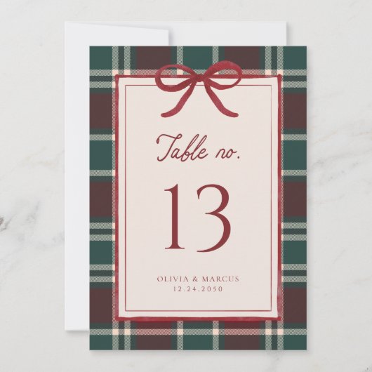 Burgundy Green Plaid Christmas Bow Table Numbers (Vorderseite)