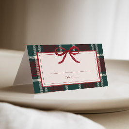 Burgundy Green Plaid Christmas Bow Wedding Platzkarte