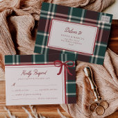Burgundy Green Plaid Christmas Bow Wedding RSVP Karte
