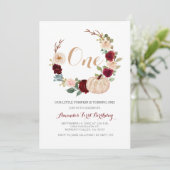 Burgundy Greenery Fall White Pumpkin 1. Geburtstag Einladung (Stehend Vorderseite)