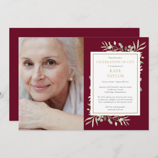 Burgundy Greenery Feier des Lebens Foto Einladung (Vorne/Hinten)