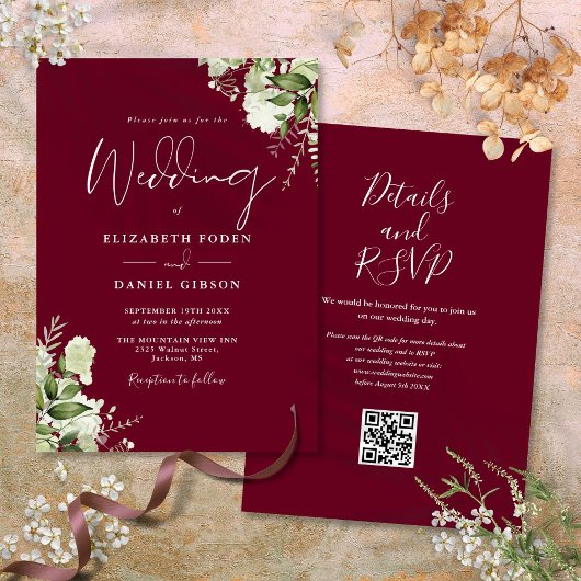 Burgundy Greenery Floral QR Code Wedding Einladung