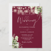 Burgundy Greenery Lights QR Code Foto Wedding Einladung (Vorderseite)