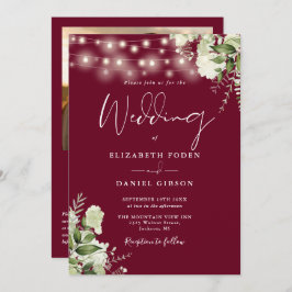 Burgundy Greenery Lights QR Code Foto Wedding Einladung
