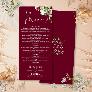 Burgundy Greenery Monogram Wedding Dinner Menükarte