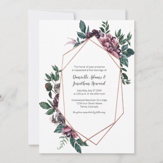 Burgundy Grey Geometric Floral Wedding Einladung (Vorderseite)