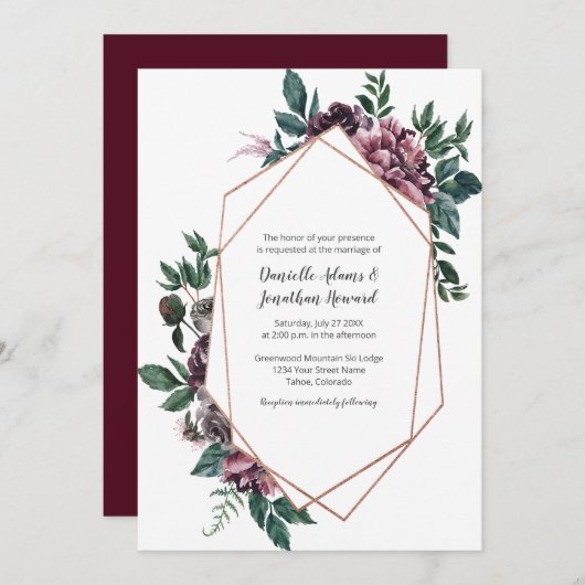 Burgundy Grey Geometric Floral Wedding Einladung (Vorne/Hinten)