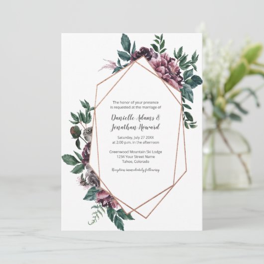 Burgundy Grey Geometric Floral Wedding Einladung (Stehend Vorderseite)