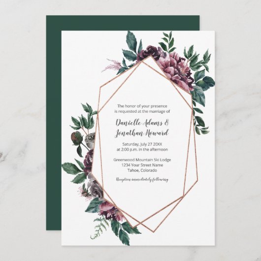 Burgundy Grey Geometric Floral Wedding Einladung (Vorne/Hinten)