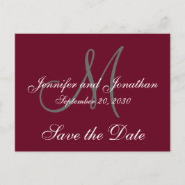 Burgundy Grey Script Monogram Save the Date Ankündigungspostkarte
