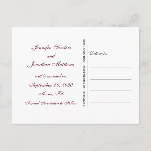 Burgundy Grey Script Monogram Save the Date Ankündigungspostkarte (Rückseite)