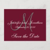 Burgundy Grey Script Monogram Save the Date Ankündigungspostkarte (Vorderseite)